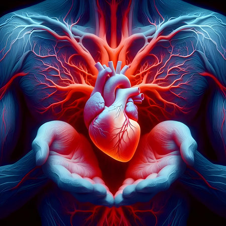 Human heart anatomy in blue and red color, 3d illustration.の素材
