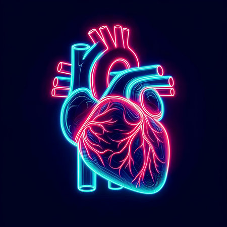 Human heart in neon style on a dark background. Vector illustration.の素材