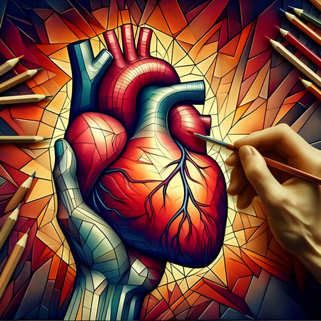 Digital illustration of a human heart in a stained glass window background.の素材