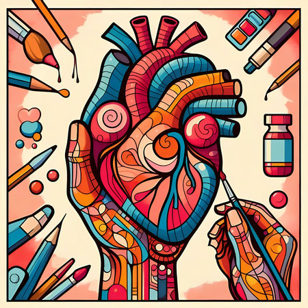 Vector illustration of a human heart with paintbrushes and paints.の素材