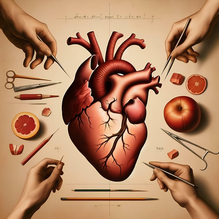 Human heart anatomy with human hands and tools on a beige backgroundの素材