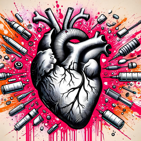 Vector illustration of human heart with various medical tools on colorful background.の素材