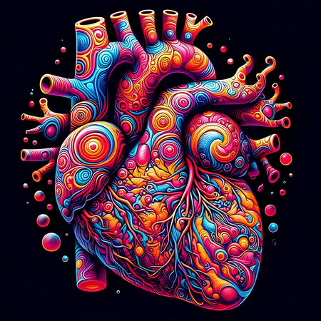 Colorful human heart on black background. Vector hand drawn illustration.の素材
