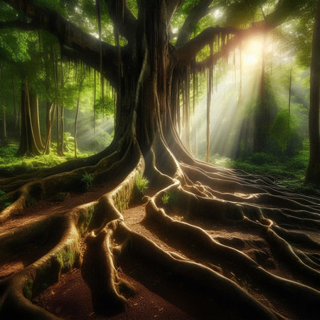 Mysterious forest in the light of the rays of the sunの素材