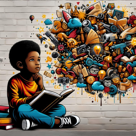 African american boy reading a book on a brick wall background.の素材