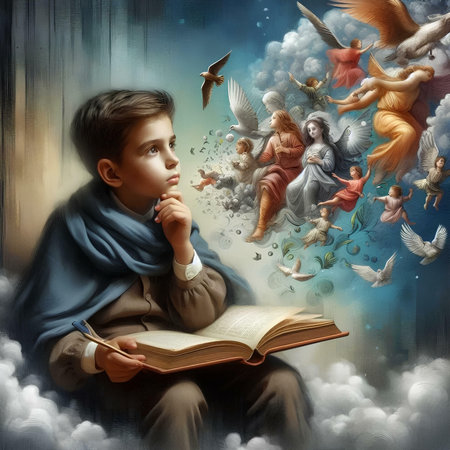 Boy reading a book in the sky with flying angels and clouds.の素材