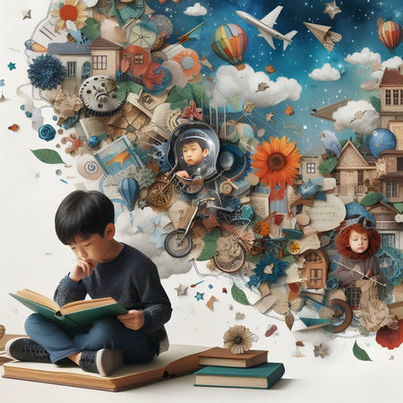 Little boy reading a book with his friend on the background of fairy taleの素材