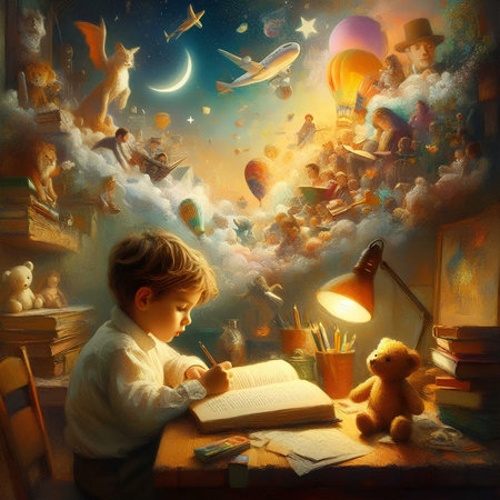 Little boy sitting at the table and reading a book. fairy talesの素材