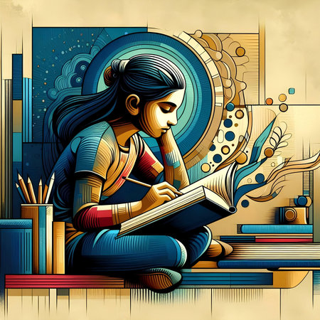 Vector illustration of Indian girl reading a book. She is sitting on the floor.の素材