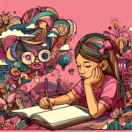Vector hand drawn doodle illustration of girl reading a book. Colorful detailed, with lots of objects backgroundの素材
