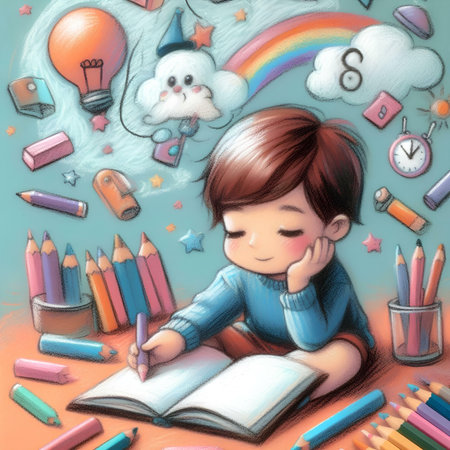 Child drawing with colorful pencils. Hand drawn illustration for children.の素材