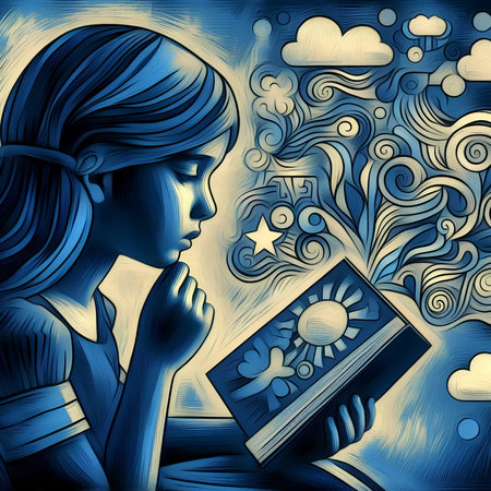 Girl reading a book in the sky with clouds and sun, illustrationの素材