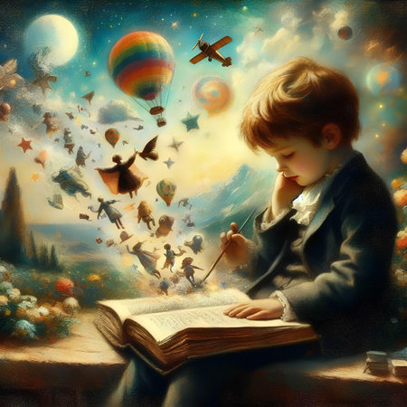 Little boy reading a book in the night sky with hot air balloonsの素材