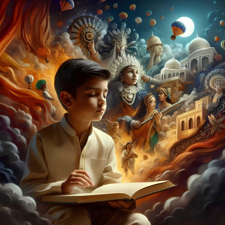 Little boy reading a book with the image of the gods in the backgroundの素材