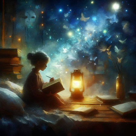 Little girl reading a book in the night with a lantern and books.の素材