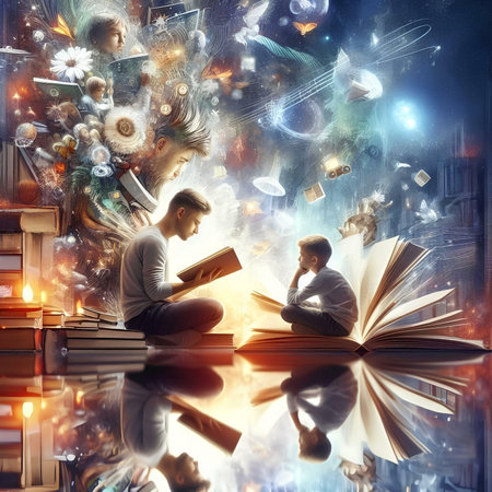 Father and son reading a book near the Christmas tree. The concept of family time.の素材