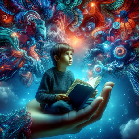 Little boy reading a book in the palm of his hand, fantasy illustrationの素材