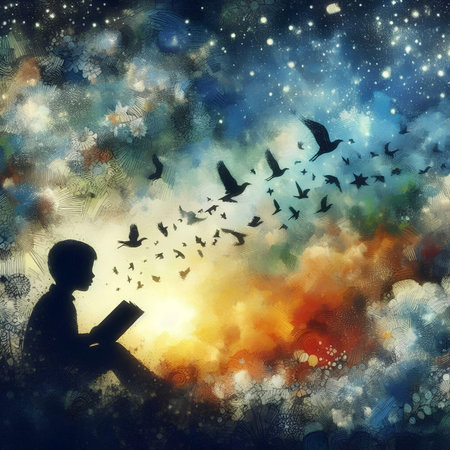 Silhouette of a boy reading a book on abstract background with flying birdsの素材