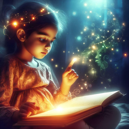 Cute little girl reading magic book in the dark. Fairytale.の素材