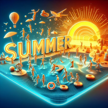 Summer background with people on the beach. 3d render illustration.の素材
