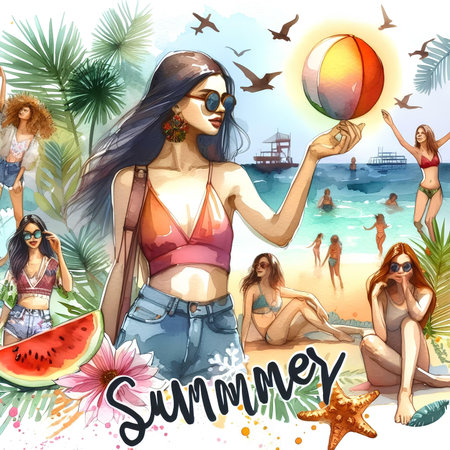 Summer beach party. Watercolor hand drawn illustration of beautiful young woman in swimsuit and sunglasses with watermelon.の素材