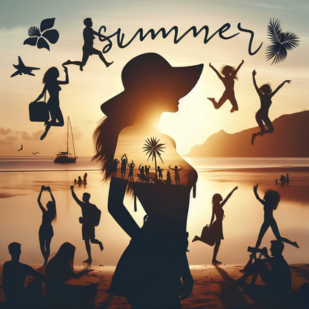 Summer Vacation Holiday Leisure Beach Party Concept. silhouetteの素材