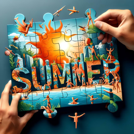 Jigsaw puzzle with human hand drawing word summer. 3d illustrationの素材