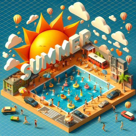 Summer isometric background with swimming pool and people on the beach, 3d vector illustrationの素材