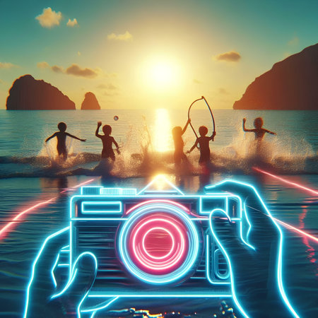 Vacation Summer Holidays Vacation Trip Concept. Silhouette of young people with retro camera on the beach at sunset.の素材