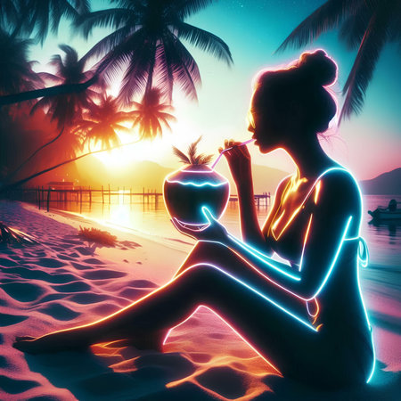 Beautiful woman drinking cocktail on tropical beach at sunset. 3d renderingの素材