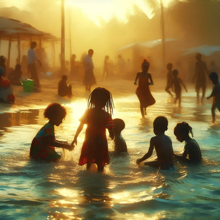 Children playing in the river at sunset. Children bathe in the river.の素材