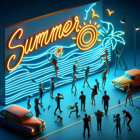 3D illustration of a summer night club with neon sign and peopleの素材