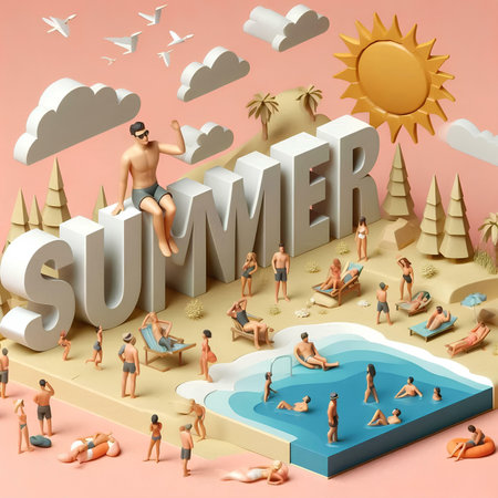 Summer is coming. People relaxing on the beach. 3D illustration.の素材