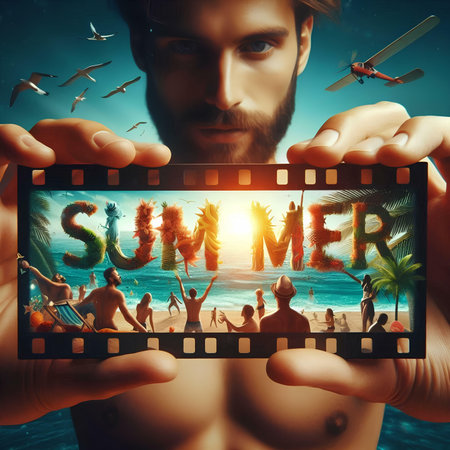 Handsome man holding film strip with summer words. Sea and beach backgroundの素材