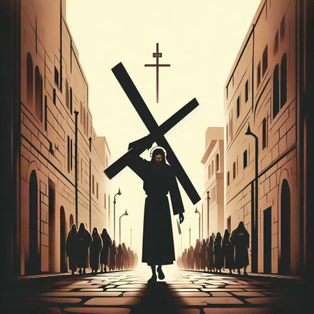 Christianity religion concept. Silhouette of a man carrying a cross on the street.の素材