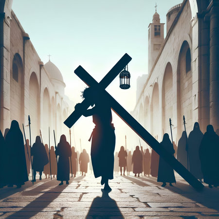 Silhouette of muslim woman with cross on the street.の素材