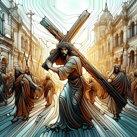 Jesus Christ on the cross in the background of the city. vector illustrationの素材