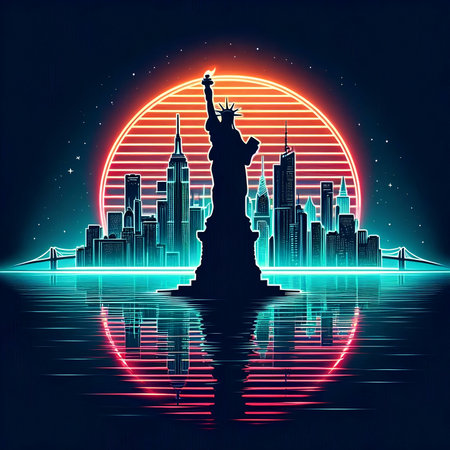 Statue of liberty on the background of the night city. vector illustrationの素材