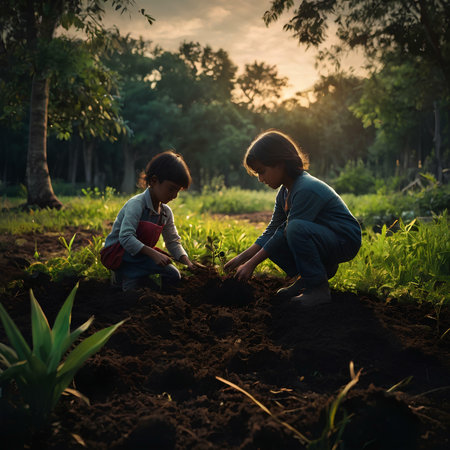 Two little girls are planting seedlings in the garden at sunset.の素材