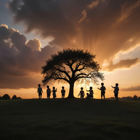 Silhouette of a group of children with a tree at sunsetの素材