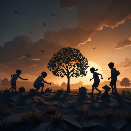 Children playing in the park at sunset. Vector illustration. Eps 10の素材
