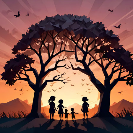 Silhouette of family under a tree at sunset, vector illustrationの素材
