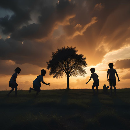 Children playing in the park at sunset. 3d render illustration.の素材