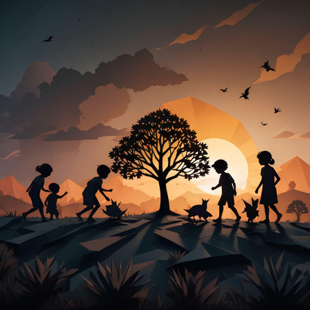 Children playing with dogs in the forest at sunset, vector illustration.の素材