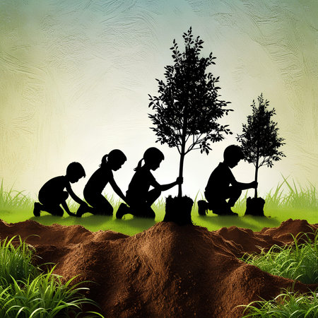 Silhouette of children planting tree in the garden. Nature concept.の素材