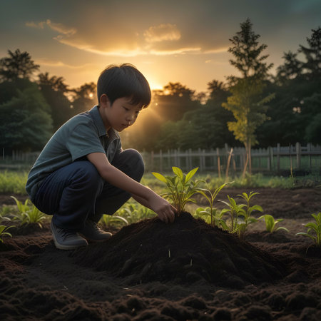 Little asian boy planting seedlings in the garden at sunset.の素材