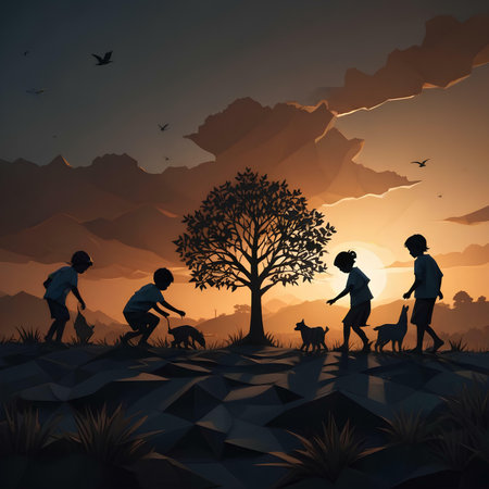 Children playing with dogs in the forest at sunset. Vector illustration.の素材