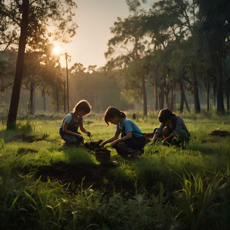 Children playing in the forest at sunset time. Children having fun outdoors.の素材