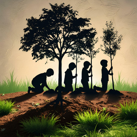 Silhouette of children planting trees in the garden. Vector illustration.の素材