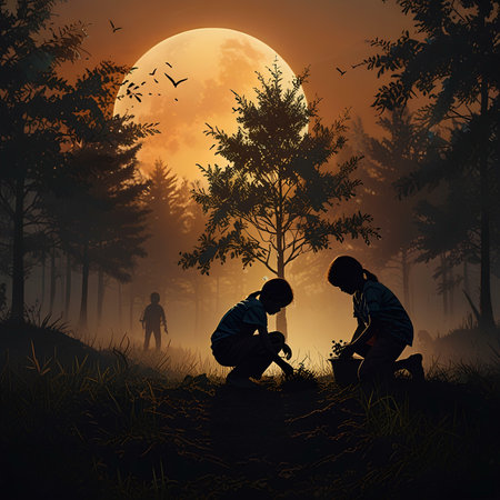 Silhouette of a boy and girl in the forest against the background of the full moonの素材